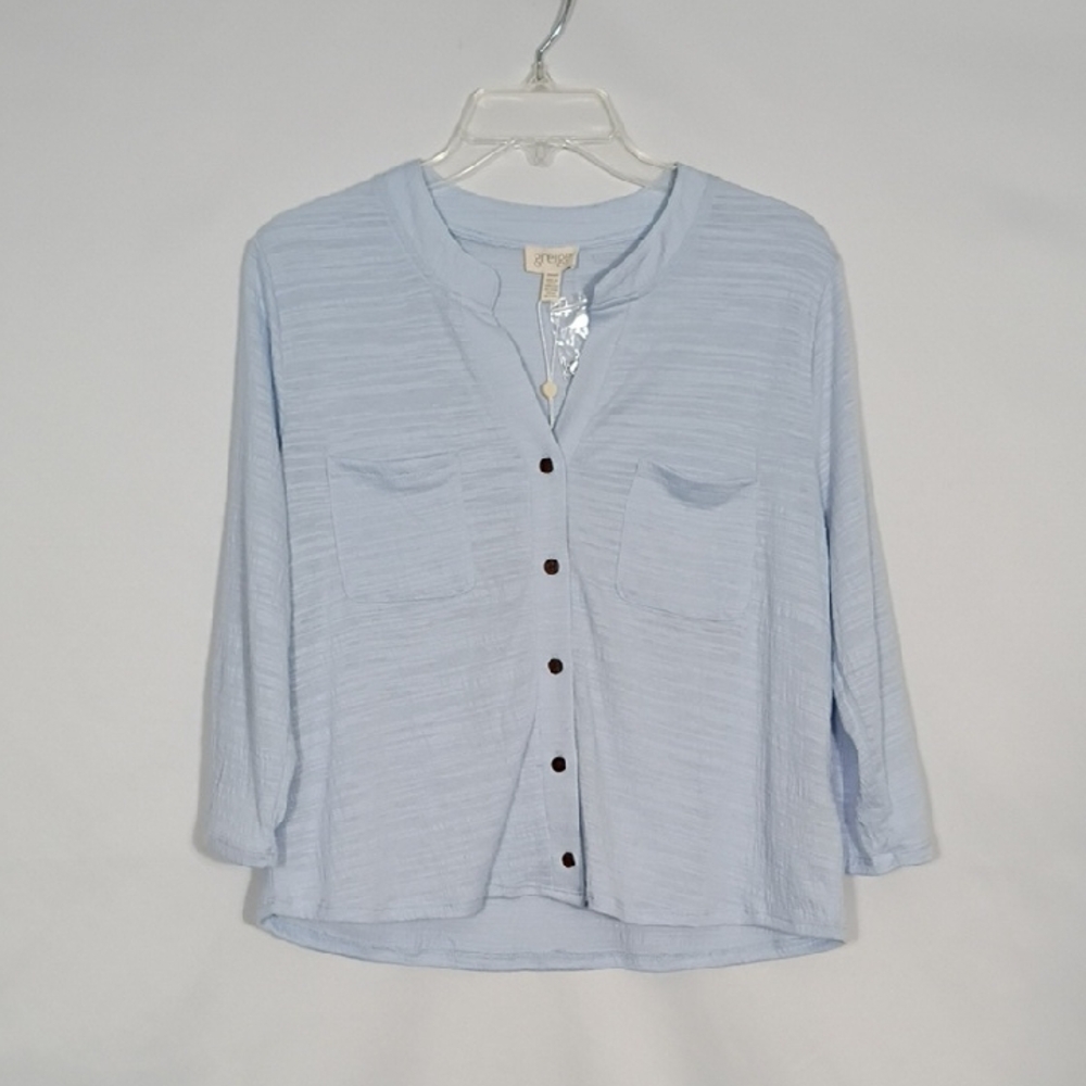NWT Greige Halogen Blue 3/4 Long Sleeve Roll Tab Crinkle Knit Blouse Women Sz Md